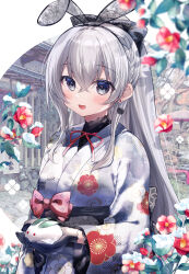 Rule 34 | 1girl, :d, animal ears, black bow, black gloves, black hairband, bow, braid, commentary request, earrings, fake animal ears, floral print, flower, gloves, grey eyes, grey hair, grey kimono, gyozanuko, hair between eyes, hair bow, hairband, highres, holding, japanese clothes, jewelry, kimono, long hair, long sleeves, looking at viewer, obi, open mouth, original, print kimono, rabbit ears, red flower, sash, smile, snow rabbit, solo, upper body, very long hair, wide sleeves