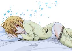 Rule 34 | 1girl, belt, blush, brown belt, brown eyes, brown hair, commentary request, dresstrip, hair between eyes, hair down, jacket, k-on!, looking at viewer, lying, no hairband, on back, on bed, open mouth, pants, pillow, shirt, short hair, simple background, solo, tainaka ritsu, thighs, white background, white shirt, yellow jacket, yellow pants