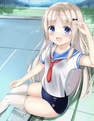 Rule 34 | 1girl, arm up, bat hair ornament, blue eyes, blue one-piece swimsuit, blush, brown hair, chain-link fence, fence, from side, hair ornament, hairclip, highres, kud wafter, kudpoid (71139), little busters!, long hair, looking at viewer, no pants, noumi kudryavka, old school swimsuit, one-piece swimsuit, open mouth, outdoors, pool, poolside, school swimsuit, school uniform, see-through, serafuku, shirt, short sleeves, sitting, smile, solo, swimsuit, swimsuit under clothes, thighhighs, thighs, wet, wet clothes, wet shirt, white shirt, white thighhighs