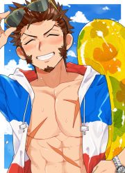 Rule 34 | 1boy, bad id, bad twitter id, beard, blue eyes, blush, brown hair, closed eyes, cloud, cloudy sky, commentary request, day, facial hair, fate/grand order, fate (series), french flag, glasses, long sideburns, looking at viewer, male focus, napoleon bonaparte (fate), open clothes, pectorals, scar, shitappa, sideburns, sky, solo, teeth, water drop