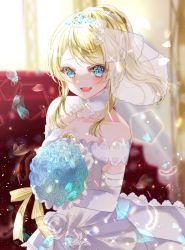 Rule 34 | 1girl, absurdres, artist request, ayase eli, bare shoulders, blonde hair, blue eyes, blue flower, blue rose, blush, bouquet, breasts, bridal veil, bride, cleavage, collarbone, dress, earrings, ebimau e, elbow gloves, female focus, flower, frills, garter straps, gloves, hair between eyes, hair bobbles, hair flower, hair ornament, hair scrunchie, high ponytail, highres, holding, holding bouquet, jewelry, long hair, looking at viewer, love live!, love live! school idol festival, love live! school idol project, medium breasts, parted lips, ponytail, ribbon, rose, scrunchie, short hair, skirt, solo, strapless, strapless dress, tiara, veil, wedding, wedding dress, white dress, white flower, white gloves, white legwear, white scrunchie, white skirt, yellow ribbon