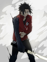 Rule 34 | 1boy, 7100potechi, absurdres, arashiyama jun, arm mounted weapon, black hair, black pants, black shirt, blouse, feet out of frame, green eyes, hair over one eye, hair slicked back, highres, holding, holding sword, holding weapon, jacket, long sleeves, looking at viewer, male focus, pants, popped collar, red jacket, shirt, short hair, smoke, solo, spikes, standing, suspenders hanging, sword, uniform, v-neck, weapon, world trigger, zipper