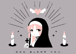 Rule 34 | 1girl, candle, closed mouth, commentary, cropped torso, cross, dot mouth, english commentary, english text, habit, hand up, highres, holding, holding cross, latin cross, limited palette, looking at viewer, neck ribbon, nichi (83nichi), nijisanji, no lineart, nun, pink eyes, pink hair, ribbon, single flame, sister claire, sister claire (1st costume), solo, sparkle, traditional nun, virtual youtuber, white ribbon, winged heart
