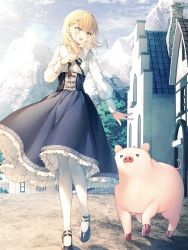 Rule 34 | 1girl, animal, black footwear, black ribbon, blonde hair, blue skirt, blush, braid, breasts, buta no liver wa kanetsu shiro, center frills, cloud, collarbone, cover, cover page, day, dress, earrings, frilled skirt, frills, full body, hair between eyes, hand up, highres, jess (buta no liver wa kanetsu shiro), jewelry, long sleeves, looking away, medium hair, mountain, official art, open mouth, outdoors, pig, ribbon, shirt, shoes, skirt, small breasts, solo, thighhighs, toosaka asagi, white shirt, white thighhighs