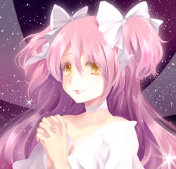Rule 34 | 10s, 1girl, alternate hairstyle, bad id, bad pixiv id, bow, choker, female focus, gradient background, hair bow, ikamera, kaname madoka, long hair, mahou shoujo madoka magica, mahou shoujo madoka magica (anime), own hands clasped, own hands together, pink hair, solo, spoilers, twintails, two side up, ultimate madoka, yellow eyes
