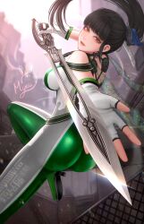 Rule 34 | 1girl, absurdres, aiming, aiming at viewer, alternate footwear, ass, black hair, blunt bangs, bodysuit, breasts, brown eyes, eve (stellar blade), foreshortening, green bodysuit, highres, holding, holding sword, holding weapon, long hair, looking at viewer, medium breasts, multicolored clothes, myeu, planet diving suit (7th) (stellar blade), ponytail, silver bodysuit, skin tight, sleeveless, sleeveless bodysuit, solo, stellar blade, sword, thighs, very long hair, weapon