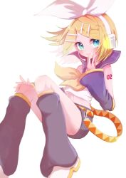 Rule 34 | 1girl, :3, aqua eyes, arched back, bare shoulders, blonde hair, bloom, blurry, blush, bow, depth of field, detached sleeves, flat chest, floating, floating hair, hair bow, hair ornament, hairclip, headphones, headset, highres, kagamine rin, leg warmers, looking at viewer, midriff, navel, neckerchief, nnc225, number tattoo, pale skin, see-through, see-through sleeves, shirt, short hair, shorts, shoulder tattoo, sideways glance, sitting, skinny, sleeveless, sleeveless shirt, smile, tattoo, vocaloid, yellow nails, yellow neckerchief