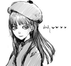 Rule 34 | 1girl, beret, closed mouth, greyscale, hat, heart, highres, jacket, jiz (pffbq), long hair, looking at viewer, monochrome, simple background, smile, solo, south park, upper body, wendy testaburger, white background
