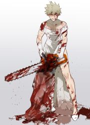 Rule 34 | 1boy, bakugou katsuki, blonde hair, blood, blood on clothes, blood on face, bloody weapon, boku no hero academia, chainsaw, collarbone, crossdressing, dress, full body, gloves, grin, high heels, holding, holding weapon, long dress, looking at viewer, male focus, off-shoulder dress, off shoulder, red eyes, sanpaku, short hair, side slit, smile, solo, spiked hair, standing, teeth, torn clothes, weapon, white dress, white footwear, white gloves, y (hellenism)