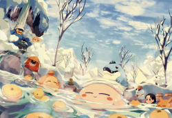 Rule 34 | 1girl, = =, adeleine, bathing, black eyes, blue sky, blush stickers, boulder, chilly (kirby), closed eyes, cloud, gooey (kirby), highres, ice dragon (kirby), king dedede, kirby, kirby (series), mountain, nintendo, on water, onsen, outdoors, partially submerged, relaxing, scarfy, sky, smile, snow, steam, suyasuyabi, towel, towel on head, tree, waddle dee, waddle doo, water, waterfall