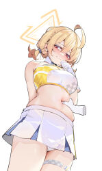 Rule 34 | 1girl, absurdres, ahoge, bare shoulders, belly, belly grab, blonde hair, blue archive, blush, breasts, cheerleader, embarrassed, halo, highres, kotori (blue archive), kotori (cheer squad) (blue archive), large breasts, looking to the side, midriff, millennium cheerleader outfit (blue archive), miniskirt, muffin top, navel, navel fingering, navel poking, official alternate costume, painterliuhao, panties, plump, red eyes, short twintails, simple background, skindentation, skirt, sports bra, standing, stomach, sweatdrop, thigh strap, triangle halo, twintails, two-tone sports bra, underwear, wavy mouth, white background, white panties, white skirt