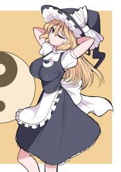 Rule 34 | 1girl, ;), arms behind head, blonde hair, breasts, brown eyes, hat, highres, kirisame marisa, large breasts, long hair, looking at viewer, mole, mole under eye, one eye closed, smile, solo, touhou, witch hat, zurikishi