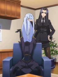 Rule 34 | 10s, 2girls, animated, animated gif, black hair, breasts, business suit, chuunibyou, dullahan, formal, glasses, headless, lala (monster musume), large breasts, long hair, monster girl, monster musume no iru nichijou, ms. smith, multiple girls, sitting, smile, standing, suit, sunglasses, thighhighs, tinted eyewear, white hair