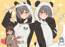 2girls animal_hood bang_dream! bang_dream!_it&#039;s_mygo!!!!! blush brown_dress brown_eyes brown_hair closed_mouth commentary_request dreaming dress grey_hair hanasakigawa_school_uniform hood hood_up korean_commentary long_sleeves mole mole_under_eye multiple_girls namgic open_mouth panda_hood pleated_dress purple_eyes sailor_collar sailor_dress school_uniform shiina_taki short_hair sweat sweatdrop takamatsu_tomori white_sailor_collar