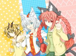 Rule 34 | 3girls, animal ears, bare shoulders, blue eyes, bow, braid, butterfly hair ornament, cardigan, casual, cat ears, cat girl, cat tail, contemporary, denim, female focus, hair bow, hair ornament, hat, heart, heart-shaped pupils, heart background, inubashiri momiji, jeans, jewelry, kaenbyou rin, kemonomimi mode, multicolored hair, multiple girls, multiple tails, pants, pendant, pointy ears, polka dot, polka dot background, psychopath idiot, red eyes, red hair, skull, smile, star-shaped pupils, star (symbol), symbol-shaped pupils, tail, tiger ears, tiger tail, tokin hat, toramaru shou, touhou, twin braids, two-tone hair, v, white hair, wink, wolf ears, wolf tail, yellow eyes