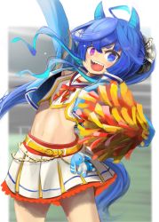 Rule 34 | 1girl, absurdres, ahoge, alternate costume, animal ears, arm up, belly chain, belt, blue eyes, blue hair, blue jacket, cheerleader, commentary, cosplay, cowboy shot, crop top, day, hair ornament, heterochromia, highres, holding, horse ears, horse girl, horse tail, jacket, jewelry, long hair, long sleeves, looking at viewer, midriff, miniskirt, navel, neck ribbon, nice nature (run&amp;win) (umamusume), nice nature (umamusume), nice nature (umamusume) (cosplay), open clothes, open jacket, open mouth, outdoors, outside border, pleated skirt, pom pom (cheerleading), purple eyes, red ribbon, ribbon, ricca miz, sailor collar, sharp teeth, shirt, skirt, sleeveless, sleeveless shirt, smile, solo, standing, stuffed animal, stuffed rabbit, stuffed toy, sweat, tail, teeth, twin turbo (umamusume), umamusume, white sailor collar, white shirt, white skirt, yellow belt