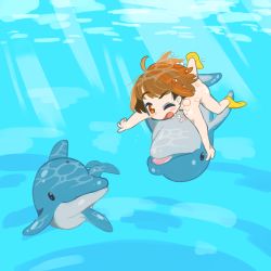 Rule 34 | 1girl, ahoge, air bubble, blush stickers, bubble, completely nude, dolphin, flippers, highres, light rays, nude, one eye closed, orange eyes, orange hair, original, pac-man eyes, solo, testest, underwater, water