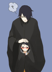 Rule 34 | 1boy, 1girl, ?, artist request, black hair, blush, cloak, father and daughter, glasses, hair over one eye, hand on head, naruto: the last, naruto (series), naruto shippuuden, short hair, simple background, sweatdrop, thought bubble, uchiha sarada, uchiha sasuke, under another&#039;s clothes