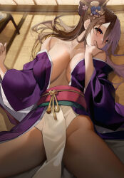 Rule 34 | 1girl, bare shoulders, blush, breasts, brown hair, collarbone, covering own mouth, embarrassed, hair between eyes, hair bun, hair ornament, hairpin, happy new year, highres, indie virtual youtuber, japanese clothes, kimono, large breasts, loincloth, long hair, looking at viewer, lying, new year, obi, on back, on floor, open clothes, open kimono, original, red eyes, sash, satou daiji, shaded face, shadow, sidelocks, single hair bun, solo, spread legs, thighs, towa (towa akqj10), virtual youtuber