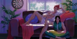 Rule 34 | 2boys, abs, aqua nails, bare arms, bare legs, barefoot, bathrobe, black hair, blanket, blinders, blue nails, cellphone, commentary, couch, cushion, dartboard, day, fingernails, green nails, hair over eyes, hair slicked back, hand up, head rest, highres, hisoka morow, holding, holding another&#039;s hair, holding another&#039;s wrist, holding phone, hunter x hunter, illumi zoldyck, indian style, indoors, knee up, kuhuo, long fingernails, long hair, looking at another, looking at phone, looking away, male focus, messy hair, multiple boys, nail, nail polish, off shoulder, on couch, phone, pillow, plant, potted plant, red hair, sharp fingernails, short hair, sitting, sleeveless, spiked hair, straight hair, sunlight, window