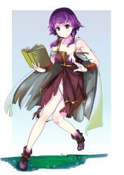 Rule 34 | 1girl, bare shoulders, book, bra, collarbone, commission, dress, eruichi (redphantom), fire emblem, fire emblem: the sacred stones, gradient background, highres, holding, holding book, looking at viewer, low twintails, lute (fire emblem), medium hair, nintendo, open book, panties, purple dress, purple eyes, purple hair, serious, shoes, simple background, skeb commission, sleeveless, sleeveless dress, solo, torn clothes, torn dress, twintails, underwear, v-shaped eyebrows, white bra, white panties