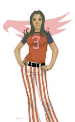 Rule 34 | 1970s (style), 1girl, artist name, bell-bottoms, belt, casual, clothes writing, emblem, gatchaman, hands on own hips, insignia, jun the swan, long hair, oldschool, pants, phil noto, raglan sleeves, realistic, retro artstyle, science fiction, shirt, simple background, smile, solo, striped clothes, striped pants, t-shirt, tatsunoko production, vertical-striped clothes, vertical-striped pants, white background
