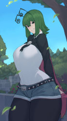 Rule 34 | 1girl, aged up, alternate breast size, antennae, belt, black belt, black cape, black eyes, black pantyhose, black shirt, blush, breasts, buckle, bush, cape, collared shirt, curvy, eyelashes, flower, forest, green hair, highres, large breasts, layered shirt, pantyhose under shorts, long sleeves, looking at viewer, looking to the side, nature, open mouth, outdoors, pantyhose, red cape, shirt, short hair, short shorts, shorts, sitting, smile, solo, spacezin, teeth, thick thighs, thighs, touhou, tree, two-sided cape, two-sided fabric, wall, white shirt, wing collar, wriggle nightbug