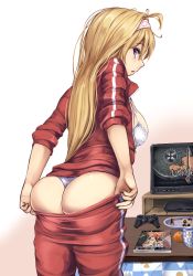 Rule 34 | 1girl, adjusting clothes, ass, blonde hair, blue eyes, bra, breasts, casual, clothes pull, from behind, granblue fantasy, hair ornament, highres, indoors, jacket, jeanne d&#039;arc (granblue fantasy), large breasts, long hair, looking at viewer, looking back, monikano, open clothes, open jacket, panties, pants, pants pull, solo, underwear, white bra, white panties