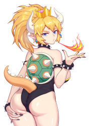 Rule 34 | 1girl, absurdres, armlet, artist request, ass, ass grab, bad id, bad pixiv id, bare shoulders, blonde hair, blue eyes, bowsette, bracelet, breasts, breath weapon, breathing fire, crown, deep skin, earrings, fingernails, fire, from behind, grabbing own ass, highres, horns, jewelry, large breasts, leotard, long hair, looking at viewer, mario (series), new super mario bros. u deluxe, nintendo, pointy ears, sharp fingernails, shiny skin, sideboob, solo, spiked armlet, spiked bracelet, spikes, spiky shell, super crown, super mario bros. 1, tail
