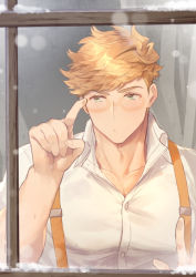 Rule 34 | 1boy, blonde hair, blush, granblue fantasy, green eyes, higashigunkan, index finger raised, large pectorals, looking at viewer, male focus, muscular, muscular male, partially unbuttoned, pectoral cleavage, pectorals, shirt, short hair, snowing, solo, suspenders, upper body, vane (granblue fantasy), white shirt