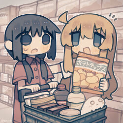 Rule 34 | 2girls, ahoge, alternate costume, bag of chips, black eyes, black hair, blonde hair, blue eyes, blush, chito (shoujo shuumatsu ryokou), collared shirt, commentary request, creature, feet out of frame, food, futami ya, groceries, hair over shoulder, hand on another&#039;s back, highres, holding, holding food, indoors, long hair, looking at another, low twintails, multiple girls, notice lines, nuko (shoujo shuumatsu ryokou), open mouth, outline, red shirt, shirt, shopping, shopping cart, short sleeves, shoujo shuumatsu ryokou, small sweatdrop, smile, standing, supermarket, twintails, v-shaped eyebrows, white outline, white shirt, yuuri (shoujo shuumatsu ryokou)