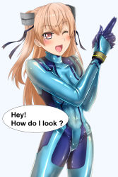 Rule 34 | 1girl, ;d, absurdres, alternate costume, bad id, bad pixiv id, bodysuit, breasts, brown eyes, commentary request, cosplay, cowboy shot, finger gun, highres, johnston (kancolle), kantai collection, latex, light brown hair, long hair, looking at viewer, medium breasts, metroid, nintendo, one eye closed, open mouth, parazan d, samus aran, samus aran (cosplay), simple background, skin tight, smile, solo, standing, twintails, two side up, white background, zero suit