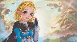Rule 34 | 1girl, blonde hair, braid, breasts, cape, day, elf, gloves, green eyes, grin, looking at viewer, medium breasts, nintendo, open mouth, pointy ears, princess zelda, smile, sunlight, the legend of zelda, the legend of zelda: tears of the kingdom