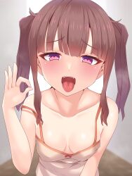 Rule 34 | 1girl, absurdres, bare shoulders, blunt bangs, breasts, brown hair, collarbone, fellatio gesture, from above, grey background, half-closed eyes, hand up, highres, koumei (twinameless), long hair, looking at viewer, medium breasts, open mouth, oral invitation, original, purple eyes, simple background, small breasts, solo, strap slip, teeth, tongue, tongue out, twintails