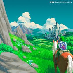 Rule 34 | 1boy, abueloretrowave, animated, animated gif, artist name, boots, brown footwear, bush, castle, cloud, commentary, day, english commentary, flower, from behind, grass, green headwear, green tunic, hat, highres, horse, hylian shield, hyrule castle, link, looping animation, male focus, master sword, mountain, nintendo, outdoors, pants, photoshop (medium), pixel art, riding, rock, shield, silent princess, sky, sword, the legend of zelda, watermark, weapon