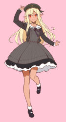 Rule 34 | 1girl, :d, black hat, blonde hair, commentary, dark-skinned female, dark skin, dress, elf, full body, grey dress, hat, highres, hololive, ishida aya, jacket, long hair, long sleeves, looking at viewer, open mouth, orange eyes, pink background, pointy ears, sailor hat, shiranui flare, shiranui flare (street), simple background, smile, solo, standing, standing on one leg, virtual youtuber