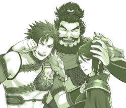 Rule 34 | 1girl, 2boys, ^ ^, armor, beard, brother and sister, closed eyes, facial hair, family, father and daughter, father and son, koei, minato (robin), mononobe no futo, multiple boys, mustache, open mouth, romance of the three kingdoms, sangokushi, shin sangoku musou, short hair, siblings, smile, topknot, xing cai, zhang bao, zhang fei (romance of the three kingdoms)