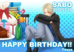 Rule 34 | 1boy, birthday, blonde hair, box, coat, ascot, gift, gift box, gloves, highres, male focus, one piece, sabo (one piece), sitting, smile, solo