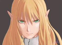Rule 34 | androgynous, angry, blonde hair, collar, gender request, green eyes, lips, long hair, original, pointy ears, portrait, profile, serious, signature, simple background, sketch, solo, staring, yukihiro