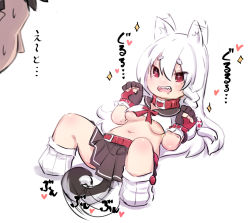 Rule 34 | + +, 1boy, 1girl, :d, afterimage, animal ear fluff, animal ears, azur lane, belt, belt buckle, black gloves, black sailor collar, black skirt, braid, breasts, buckle, chibi, collar, commander (azur lane), crop top, drooling, ear wiggle, fingerless gloves, full body, gloves, hair between eyes, hair ornament, hands up, heart, knees up, long hair, loose socks, lying, medium breasts, midriff, mouth drool, navel, no shoes, on back, open mouth, out of frame, pleated skirt, red belt, red collar, sailor collar, shadow, sharp teeth, shirt, short eyebrows, short sleeves, skirt, smile, socks, solo focus, sparkle, tail, tail wagging, teeth, thick eyebrows, translation request, u-non (annon&#039;an), underboob, very long hair, white background, white hair, white shirt, white socks, wolf ears, wolf girl, wolf tail, yuudachi (azur lane)
