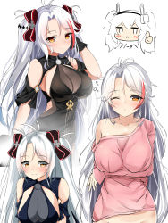 Rule 34 | 2girls, absurdres, animal ears, antenna hair, arms under breasts, azur lane, bare shoulders, black bow, black dress, black gloves, blush, bow, breast hold, breasts, brown eyes, chibi, cleavage, closed mouth, clothing cutout, commentary request, dress, gloves, groin, hair between eyes, hair bow, hand up, highres, laffey (azur lane), large breasts, long hair, long sleeves, looking at viewer, mole, mole on breast, moyoron, multicolored hair, multiple girls, multiple views, off shoulder, one eye closed, parted bangs, pink shirt, prinz eugen (azur lane), prinz eugen (cordial cornflower) (azur lane), rabbit ears, red hair, see-through, shirt, short sleeves, shoulder cutout, sidelocks, simple background, sleeves past wrists, smile, streaked hair, thumbs up, translated, two side up, very long hair, white background, white hair