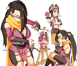 Rule 34 | 2girls, 3amsoda, apple, artist name, bare shoulders, breasts, brown hair, cleavage, closed mouth, crop top, detached sleeves, fire emblem, fire emblem fates, food, fruit, hair over one eye, highres, holding, holding food, holding fruit, holding paintbrush, holding shuriken, holding weapon, japanese clothes, kagero (fire emblem), large breasts, long hair, looking at viewer, midriff, modeling, multiple girls, multiple views, navel, ninja, nintendo, orochi (fire emblem), paintbrush, painting (object), picture frame, ponytail, purple eyes, purple hair, red eyes, scarf, shuriken, sitting, smile, thighhighs, v, weapon, white background, yellow scarf