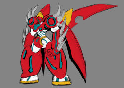 Rule 34 | absurdres, getter robo, grey background, highres, mecha, mechanical wings, meganeon, no humans, open hand, original, robot, sketch, solo, standing, super robot, wings, yellow eyes
