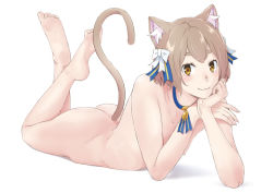 Rule 34 | 10s, 1boy, :3, animal ears, arm support, ass, barefoot, blue neckwear, blue ribbon, blush, bob cut, bolo tie, bow, brown eyes, brown hair, cat boy, cat ears, cat tail, choker, closed mouth, collarbone, commentary request, completely nude, eyelashes, feet, feet up, felix argyle, fingernails, full body, h-itokuzo, hair bow, hair ribbon, head rest, jewelry, looking at viewer, lying, male focus, nipples, nude, on stomach, parted bangs, pendant, pinup (style), plantar flexion, raised eyebrows, re:zero kara hajimeru isekai seikatsu, ribbon, shiny skin, short eyebrows, short hair, simple background, smile, soles, solo, striped ribbon, tail, the pose, thick eyebrows, trap, white background, white bow