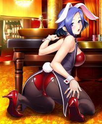 Rule 34 | 1girl, animal ears, ass, blue eyes, blue hair, blush, breasts, casino, commentary, earrings, fake animal ears, female focus, high heels, highres, indoors, jewelry, kneeling, leotard, looking at viewer, looking back, lovina (taimanin asagi battle arena), medium breasts, official art, open mouth, pantyhose, playboy bunny, poker chip, rabbit ears, rabbit tail, roulette table, short hair, solo, table, tail, taimanin (series), taimanin asagi kessen arena, wrist cuffs, zol