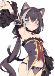 Rule 34 | 1girl, animal ear fluff, animal ears, armpits, bare shoulders, black choker, black hair, black panties, blade (galaxist), blush, bow, bow panties, cat ears, cat tail, choker, closed mouth, detached sleeves, green eyes, highres, karyl (princess connect!), long hair, looking at viewer, low twintails, multicolored hair, panties, princess connect!, red ribbon, ribbon, simple background, solo, streaked hair, tail, twintails, underwear, very long hair, white background, white hair