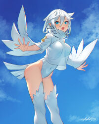 Rule 34 | 1girl, arpeggio kaga, bird tail, blue eyes, blue leotard, blue sky, breasts, covered navel, cropped jacket, day, female focus, hair between eyes, high collar, highleg, highleg leotard, large breasts, leaning forward, leotard, open mouth, personification, pointy ears, signature, sky, solo, tail, twitter, white hair
