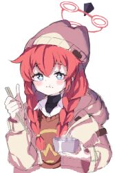 Rule 34 | 1girl, beanie, blue archive, blue eyes, braid, chopsticks, double-parted bangs, eating, hair between eyes, halo, hat, holding, holding chopsticks, maki (blue archive), maki (camp) (blue archive), red hair, red halo, shigure (hggk2544), simple background, solo, twin braids, white background