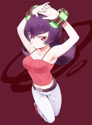Rule 34 | 00s, 1girl, armpits, arms up, bare shoulders, belt, camisole, creatures (company), flipped hair, from above, game freak, gym leader, kurochiroko, long hair, looking at viewer, midriff, nintendo, pokemon, pokemon hgss, purple hair, red background, red eyes, sabrina (pokemon), solo