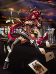 Rule 34 | 1girl, black footwear, black thighhighs, blue eyes, boots, breasts, card, casino, casino card table, crossed legs, detached sleeves, eu03, gambling, highres, horns, large breasts, long hair, money, open mouth, original, platform footwear, platform heels, playing card, red hair, sitting, solo, table, thigh boots, thighhighs, tsunoko (eu03), twintails